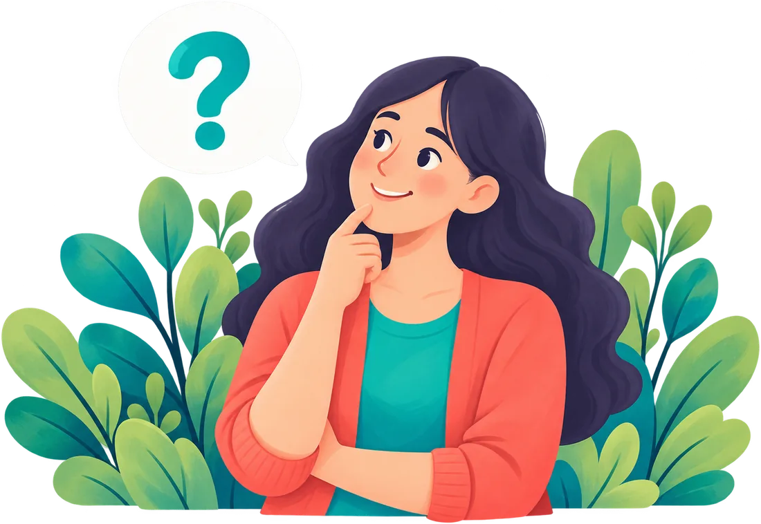 A woman thinking, with a question mark