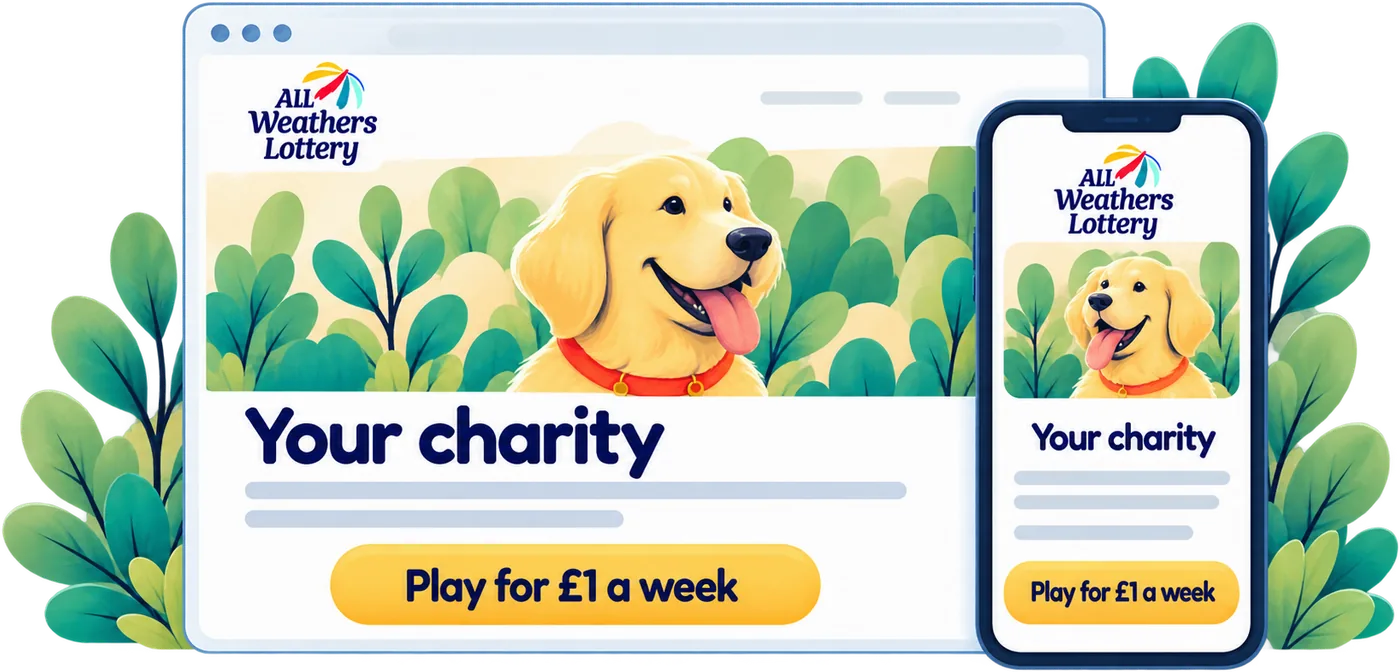 A charity's sign-up page on a computer and a phone, with a Play for £1 a week button