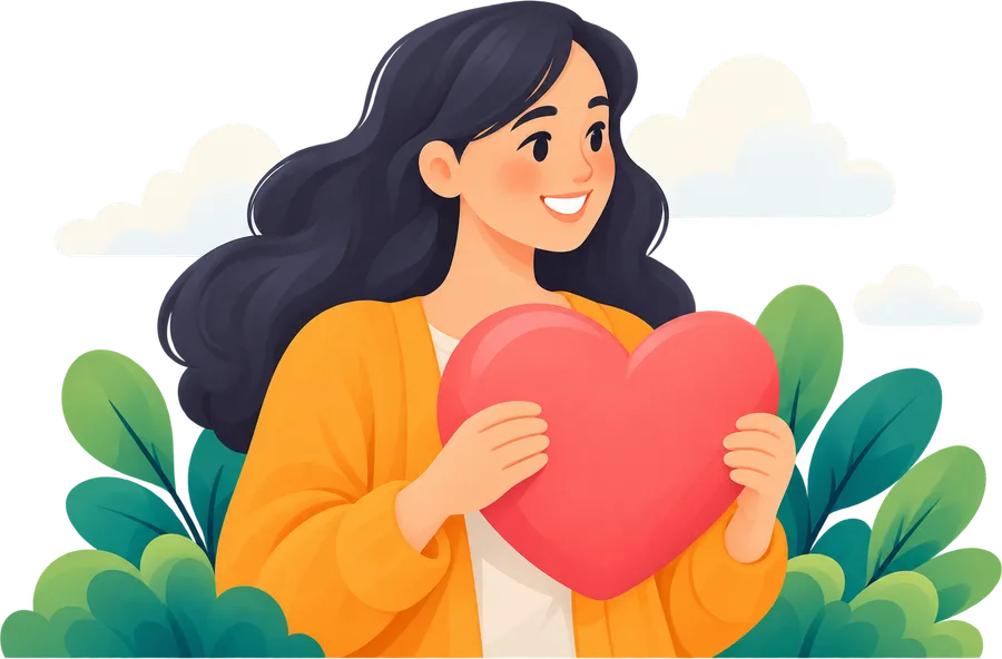 A smiling woman holding a coral heart