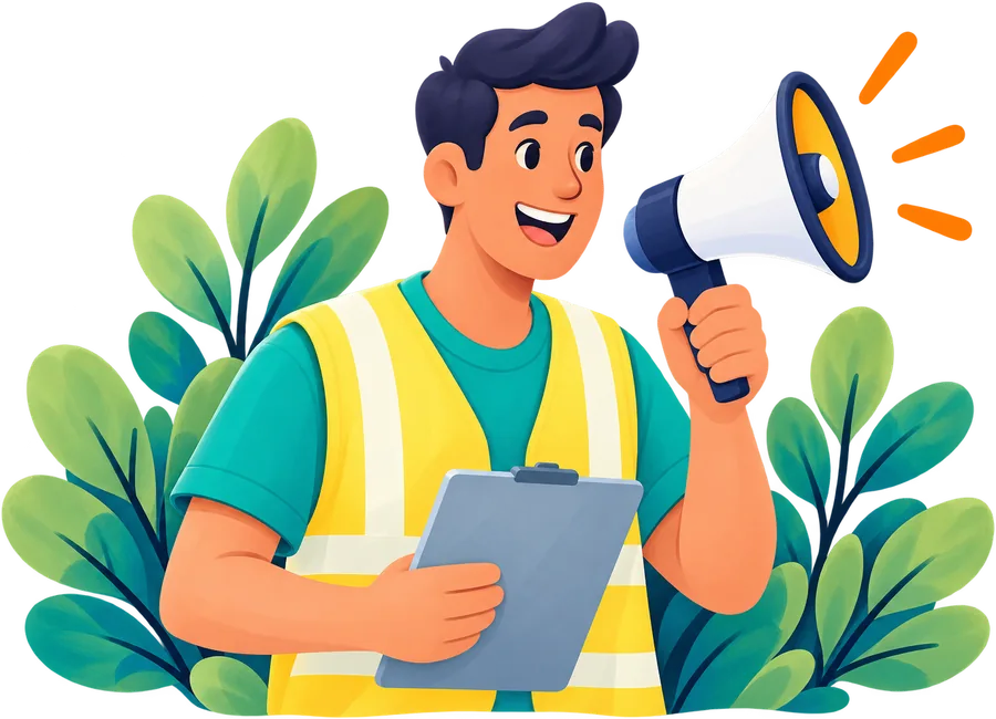 A man with a megaphone and a clipboard
