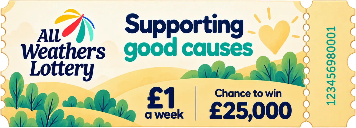 An All Weathers Lottery ticket: supporting good causes, £1 a week, chance to win £25,000